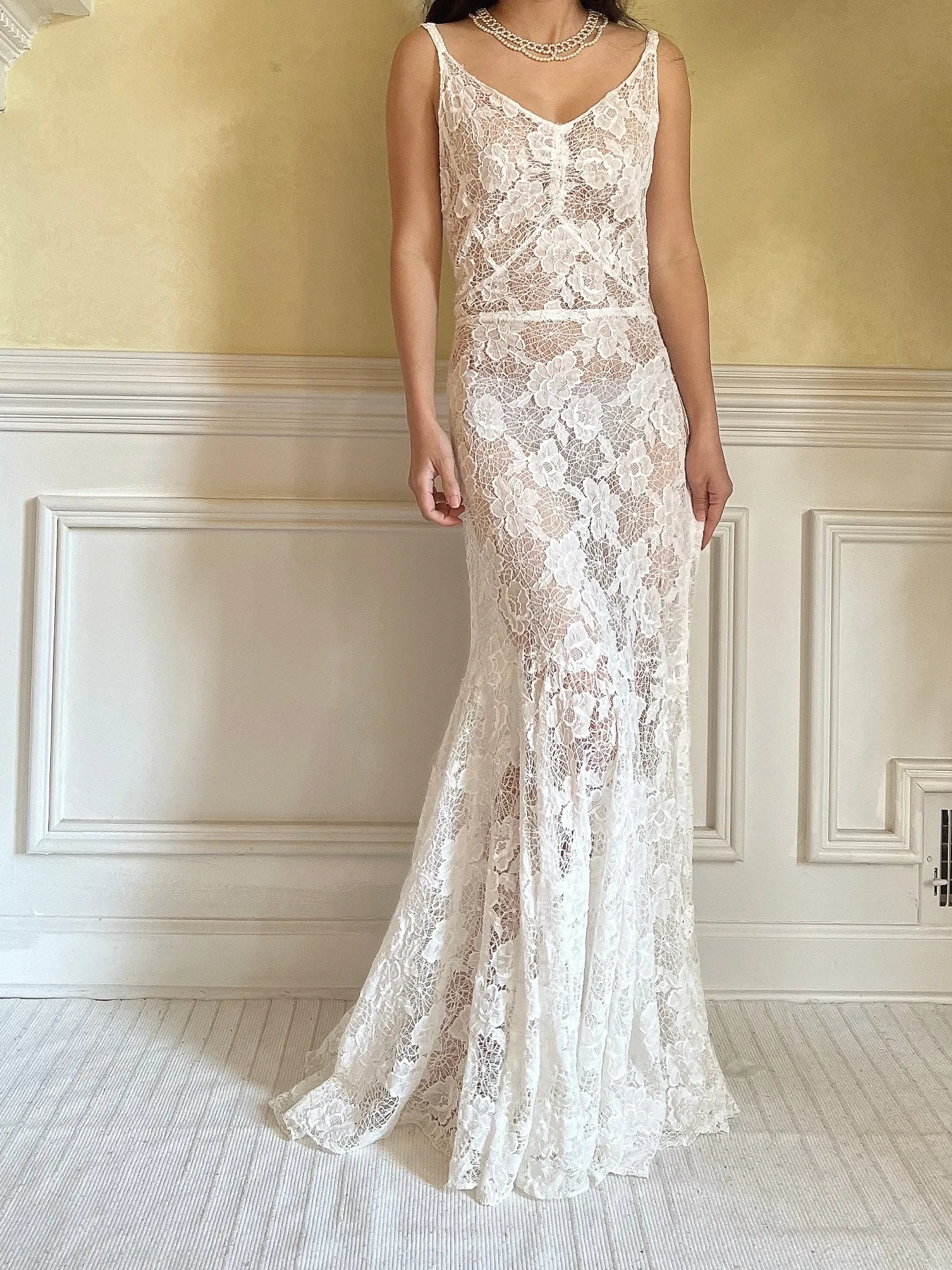 1930s Ivory Spider Lace Gown - S
