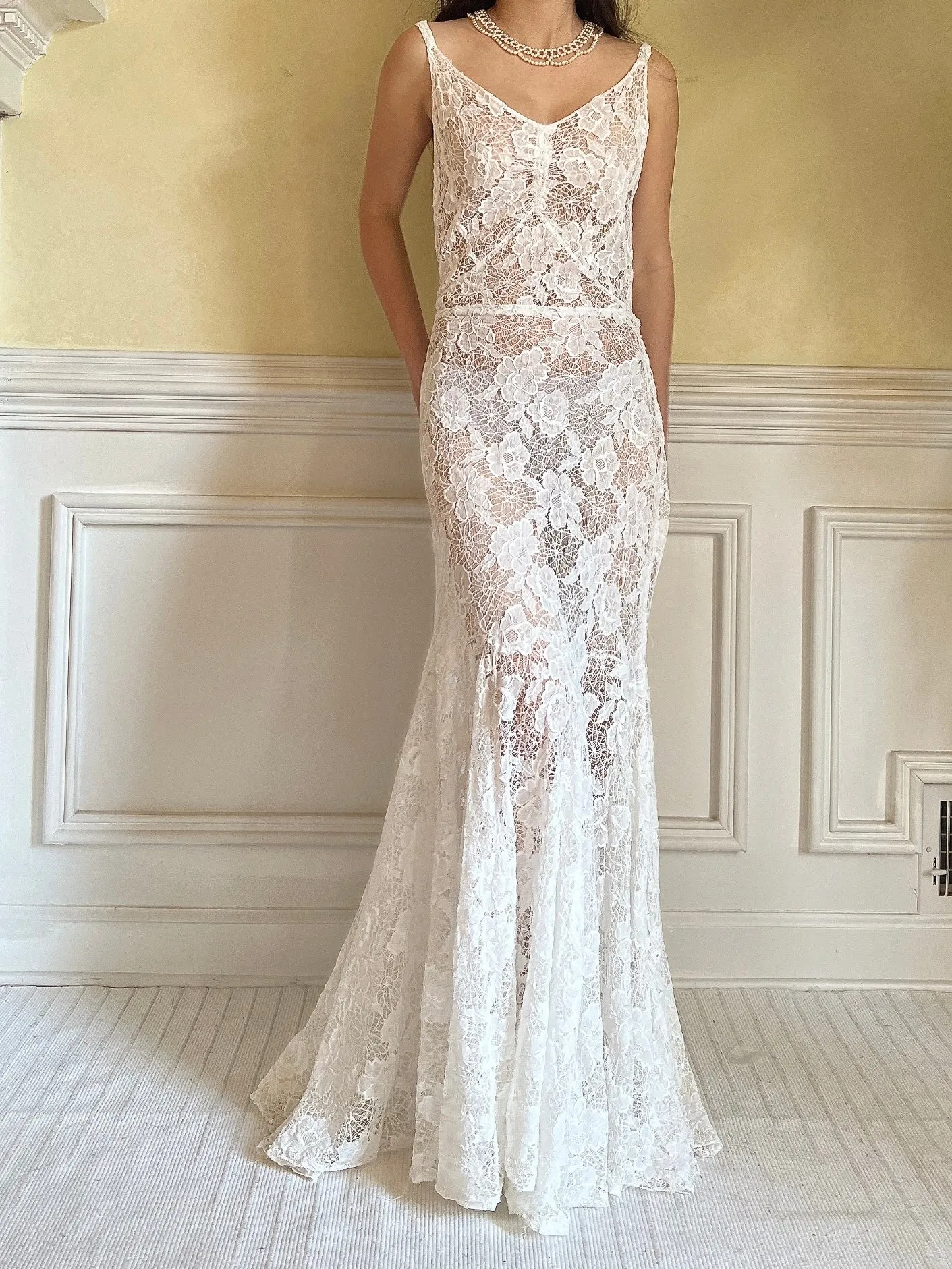 1930s Ivory Spider Lace Gown - S