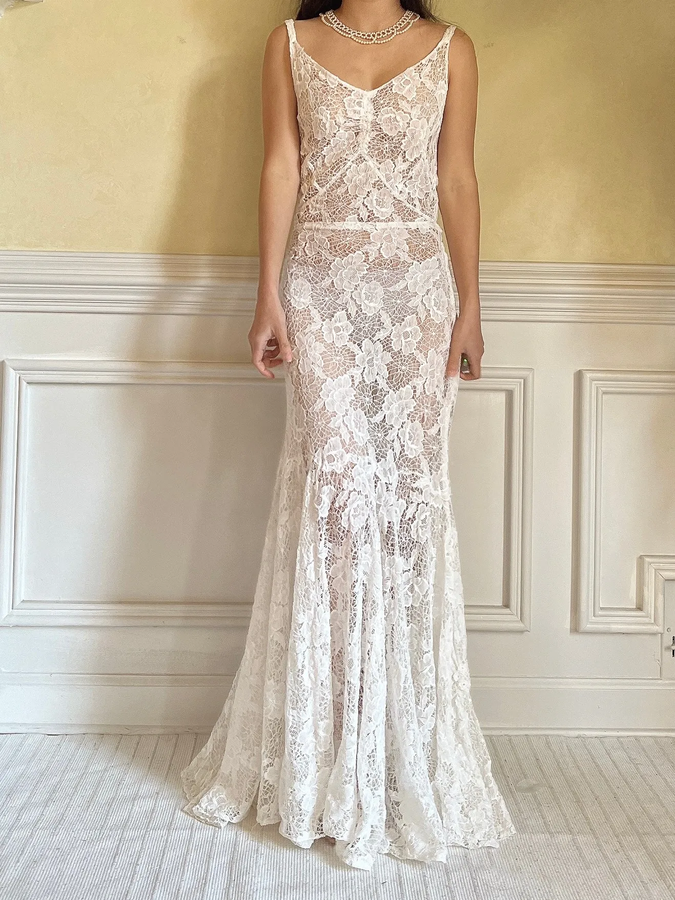 1930s Ivory Spider Lace Gown - S