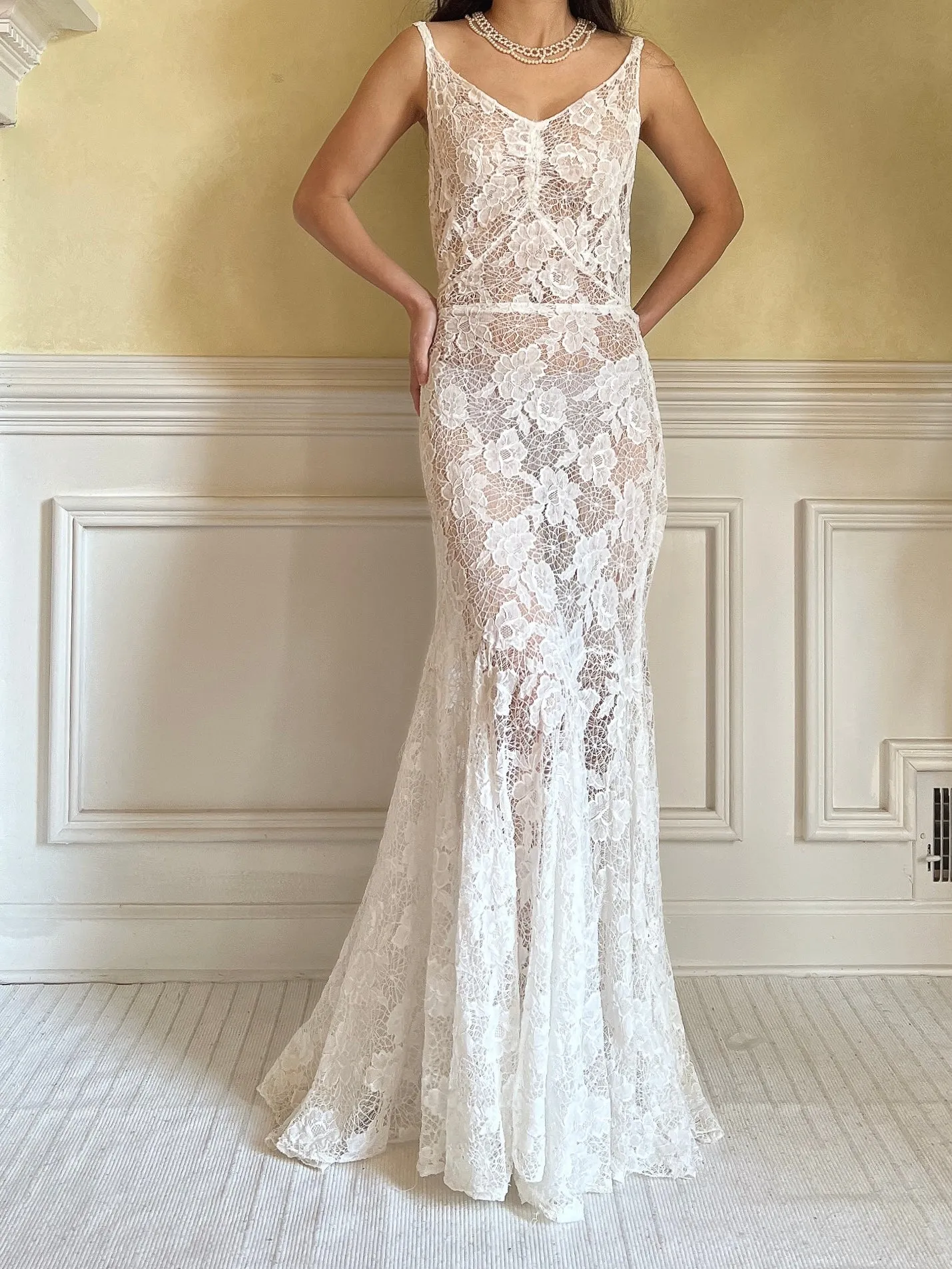 1930s Ivory Spider Lace Gown - S