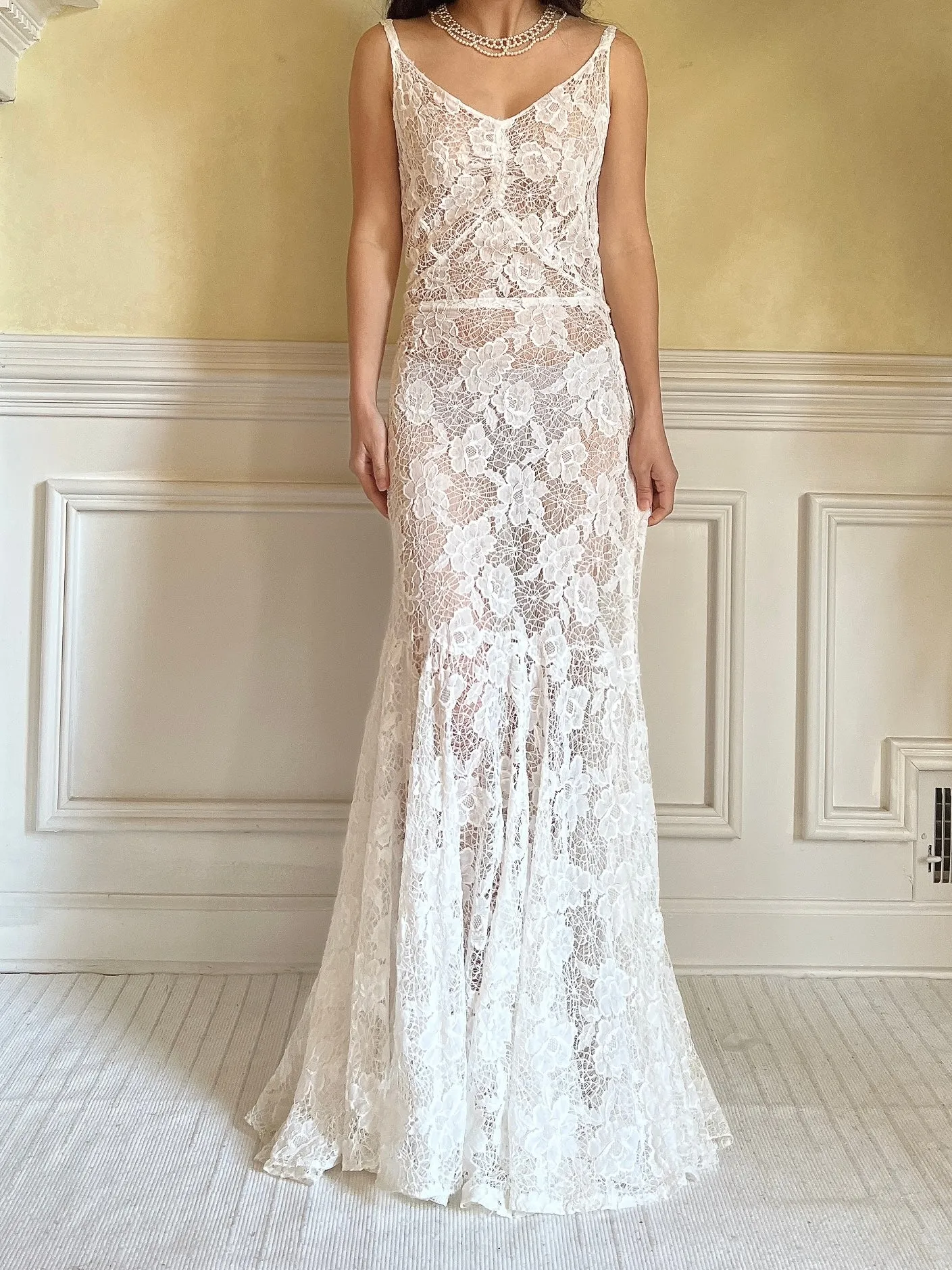 1930s Ivory Spider Lace Gown - S