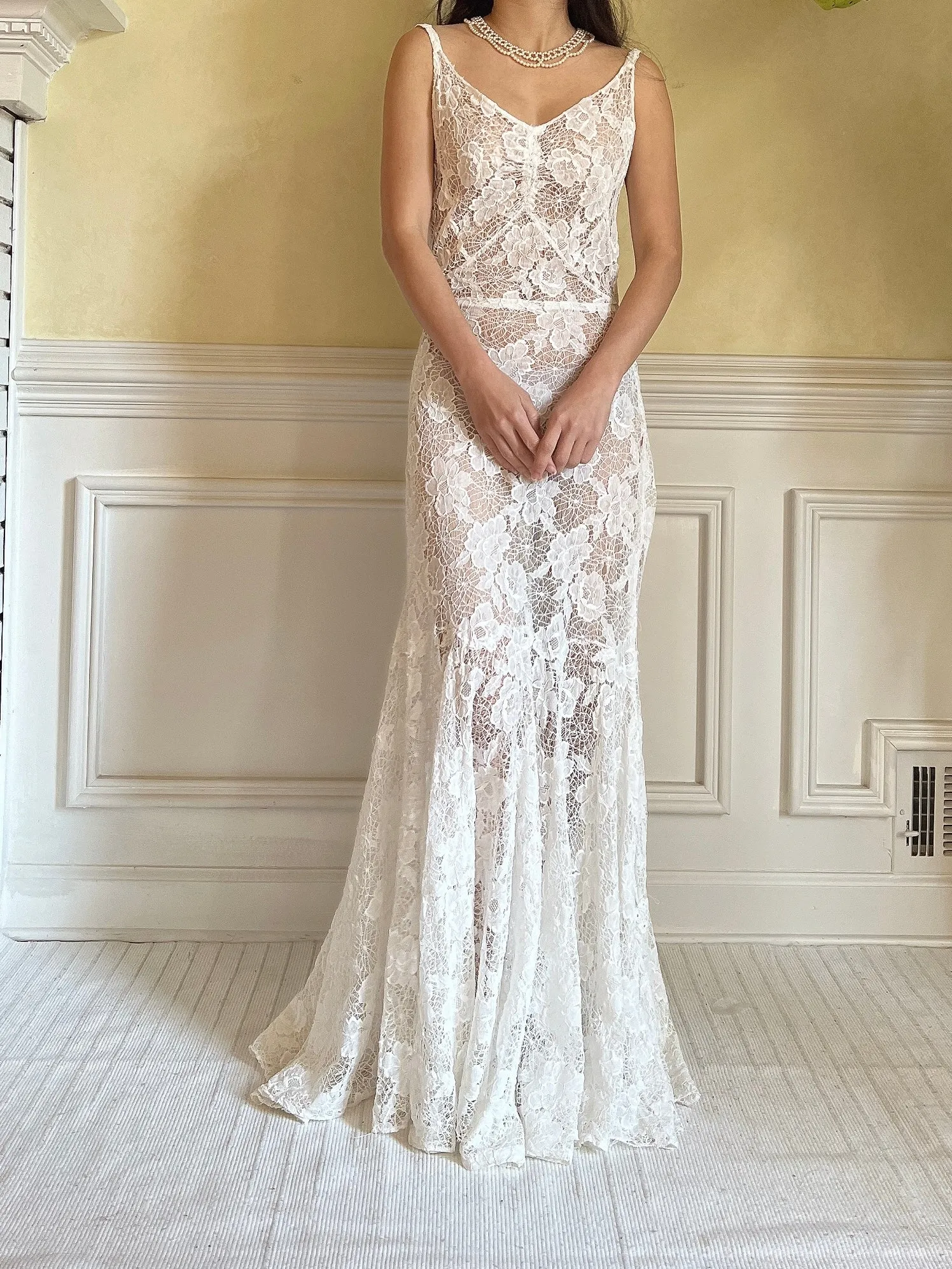 1930s Ivory Spider Lace Gown - S