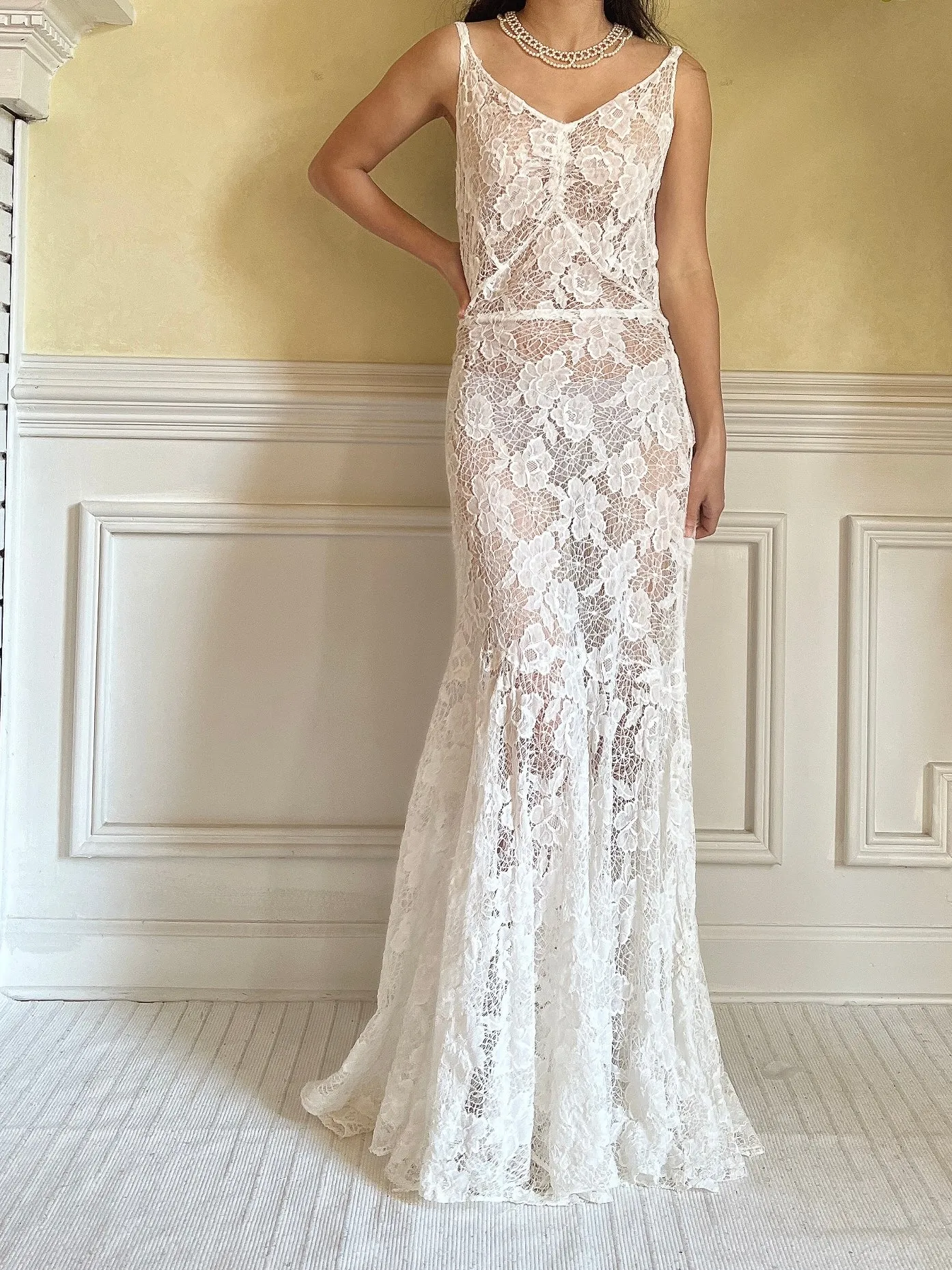 1930s Ivory Spider Lace Gown - S