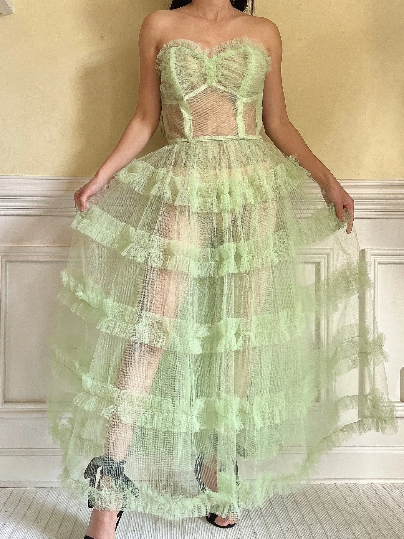 1950s Citrus Green Sheer Tulle Dress - XS