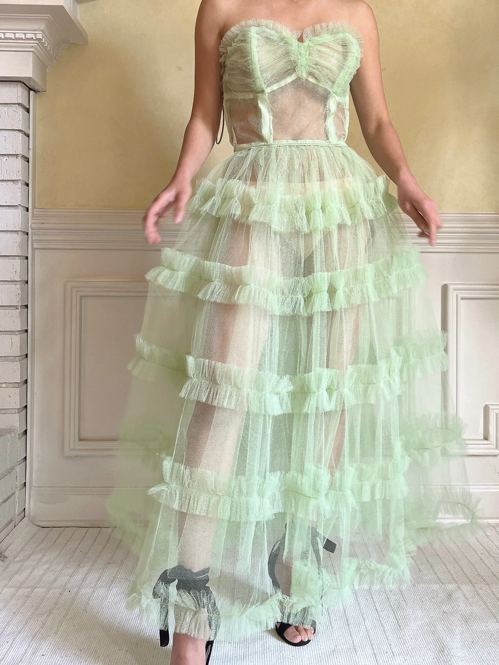 1950s Citrus Green Sheer Tulle Dress - XS