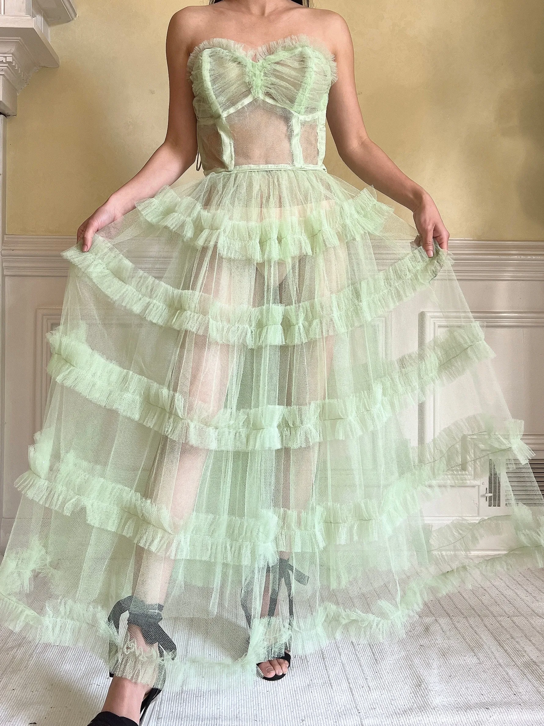 1950s Citrus Green Sheer Tulle Dress - XS