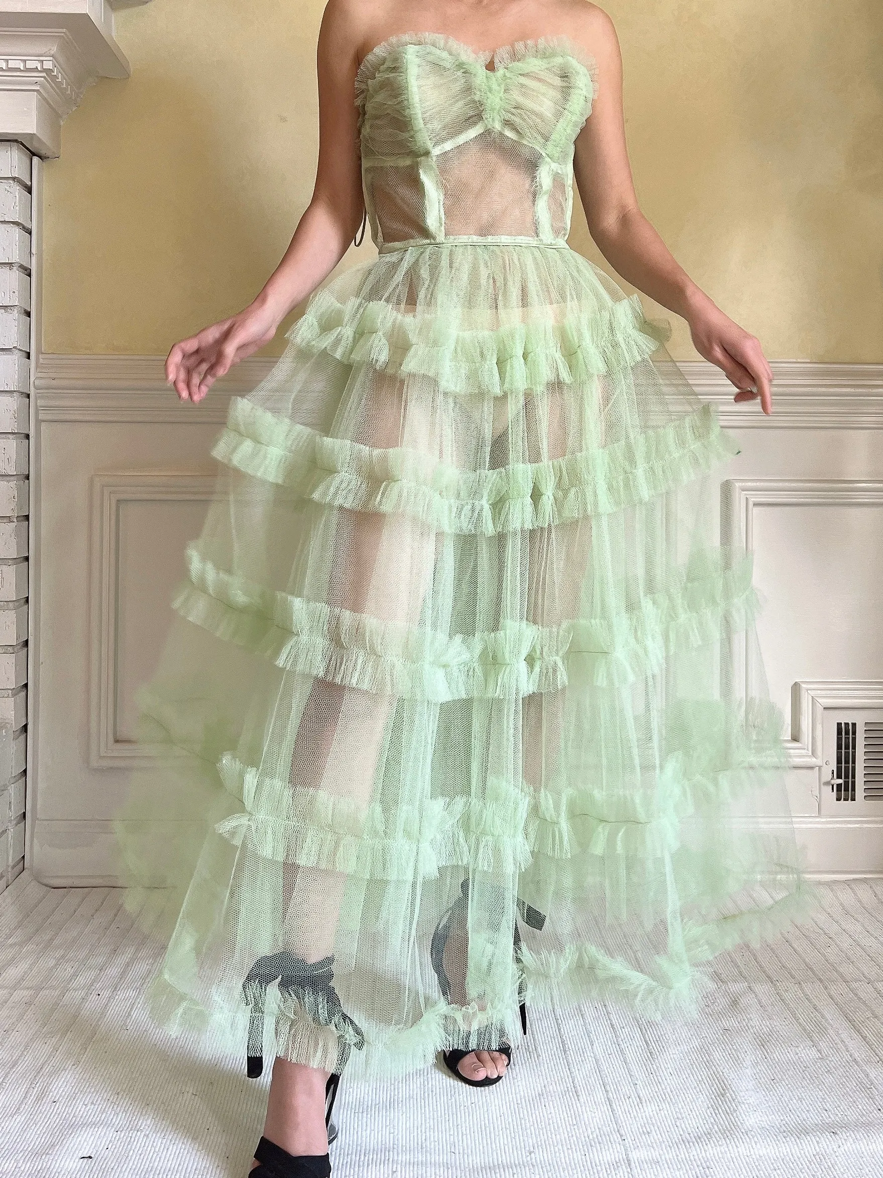 1950s Citrus Green Sheer Tulle Dress - XS