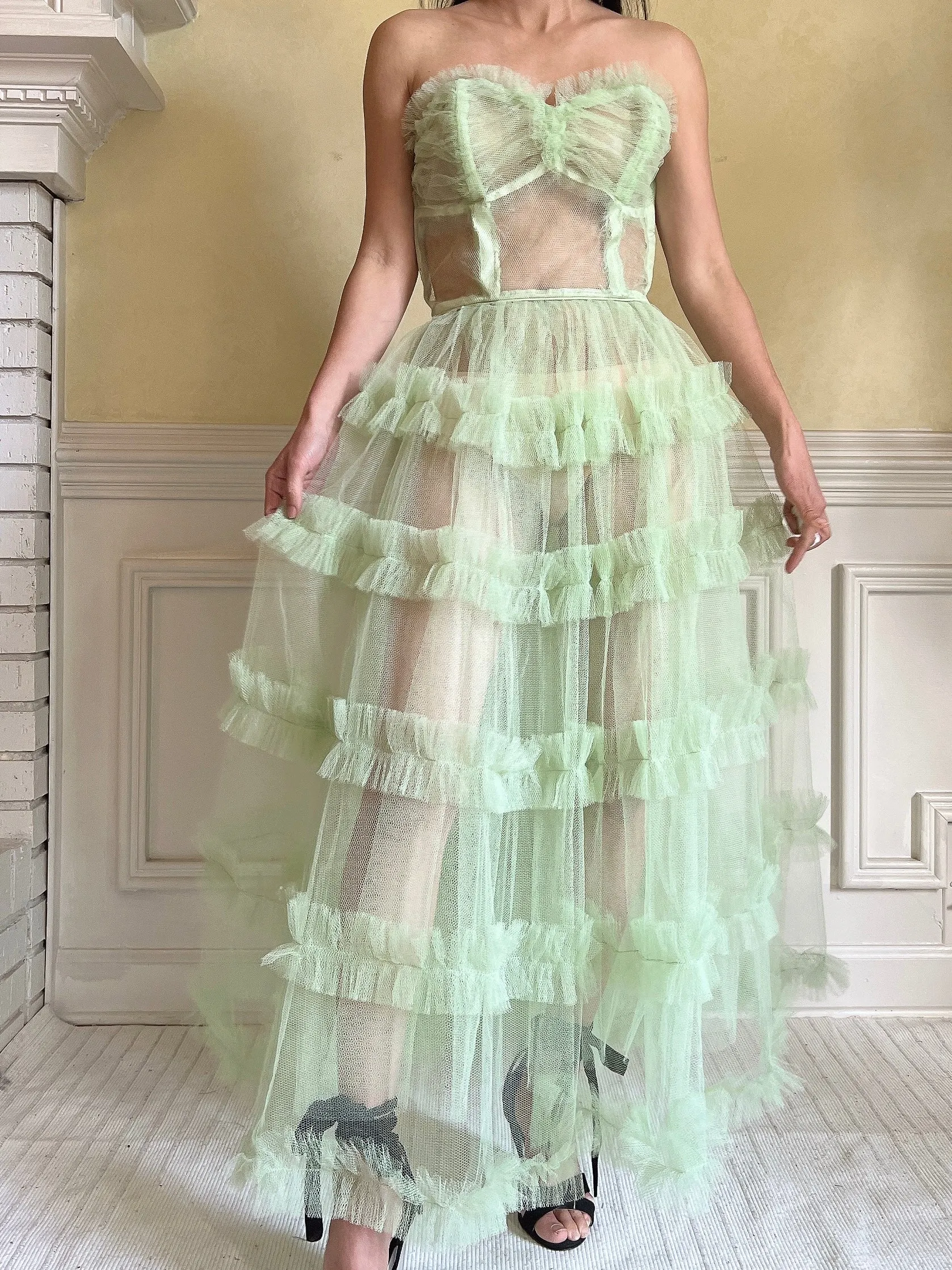 1950s Citrus Green Sheer Tulle Dress - XS