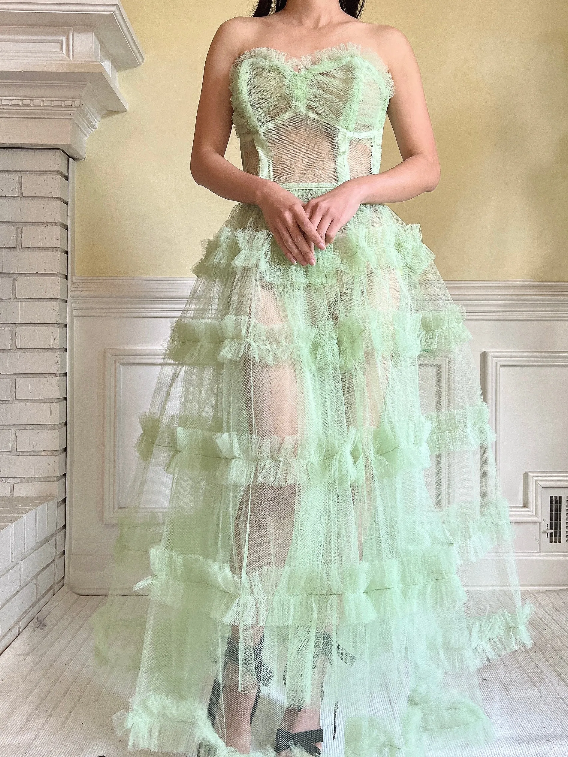 1950s Citrus Green Sheer Tulle Dress - XS
