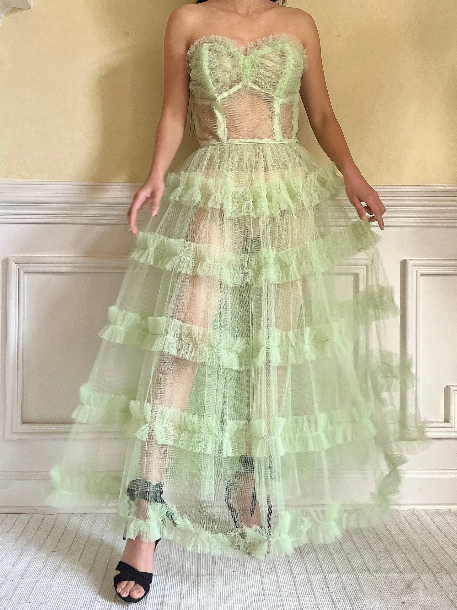 1950s Citrus Green Sheer Tulle Dress - XS