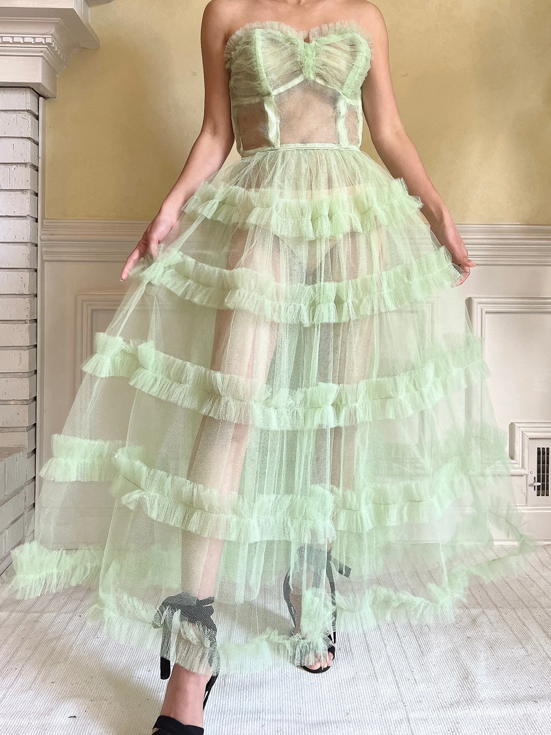 1950s Citrus Green Sheer Tulle Dress - XS
