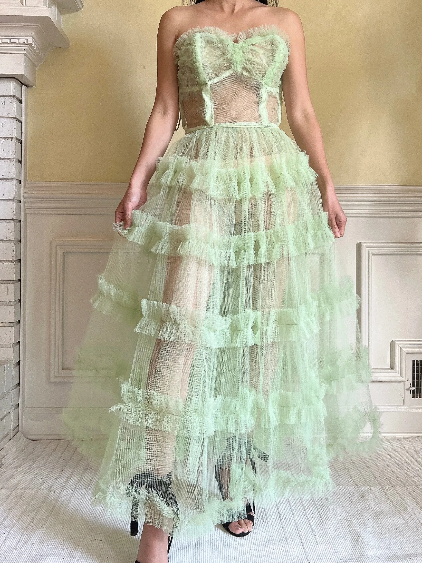 1950s Citrus Green Sheer Tulle Dress - XS