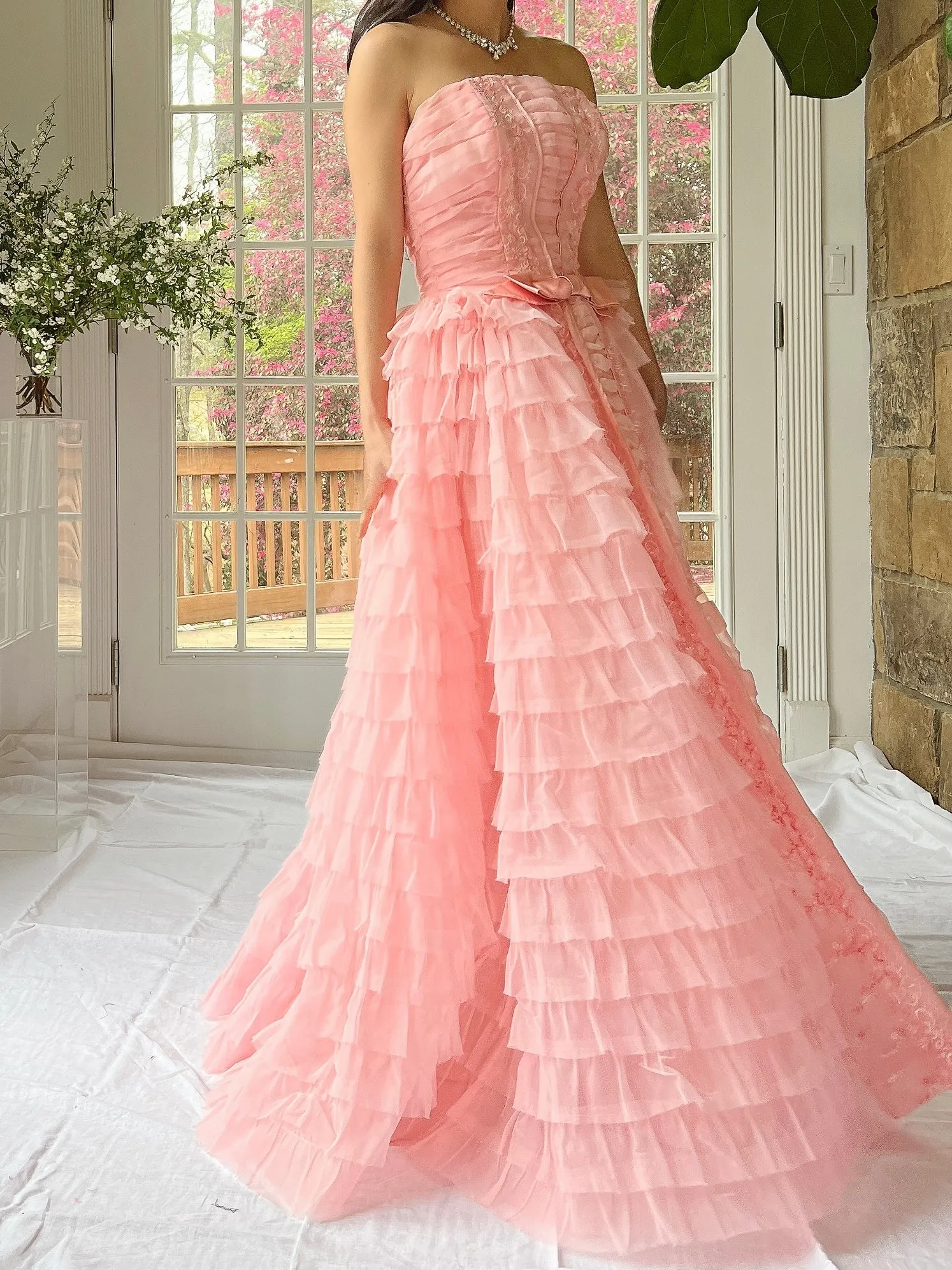 1950s Pink Ruffled Tiered Dress - XS