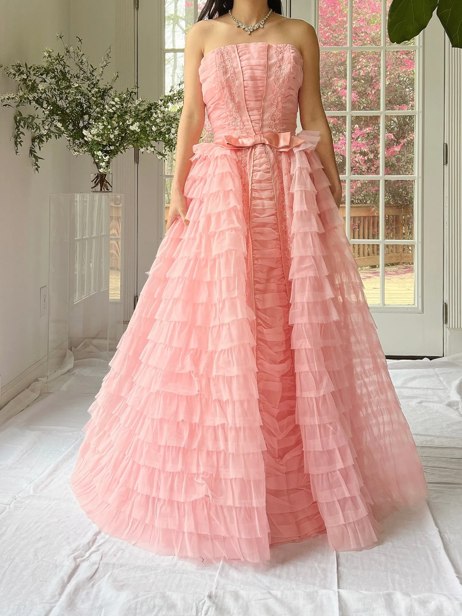 1950s Pink Ruffled Tiered Dress - XS