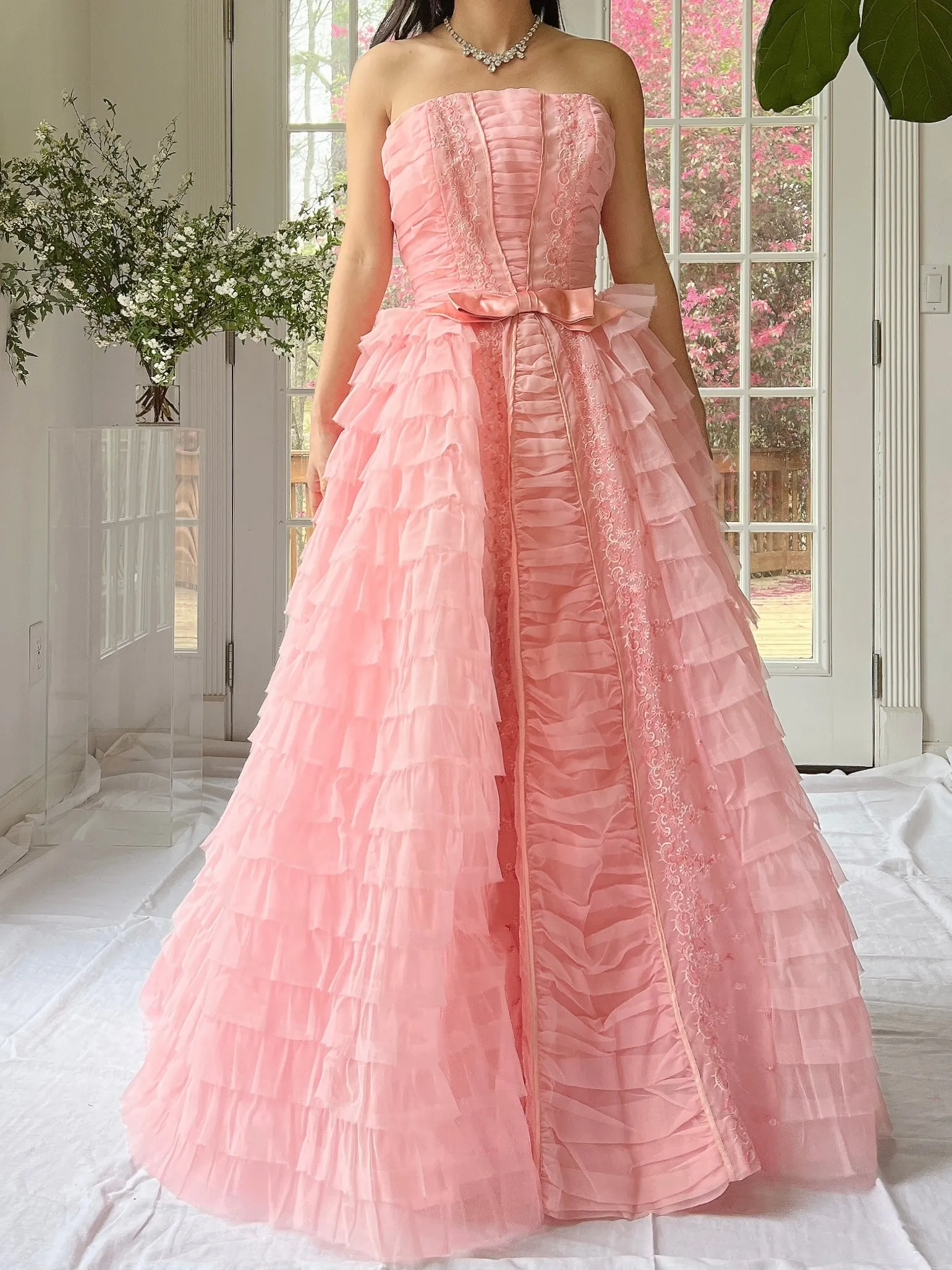 1950s Pink Ruffled Tiered Dress - XS