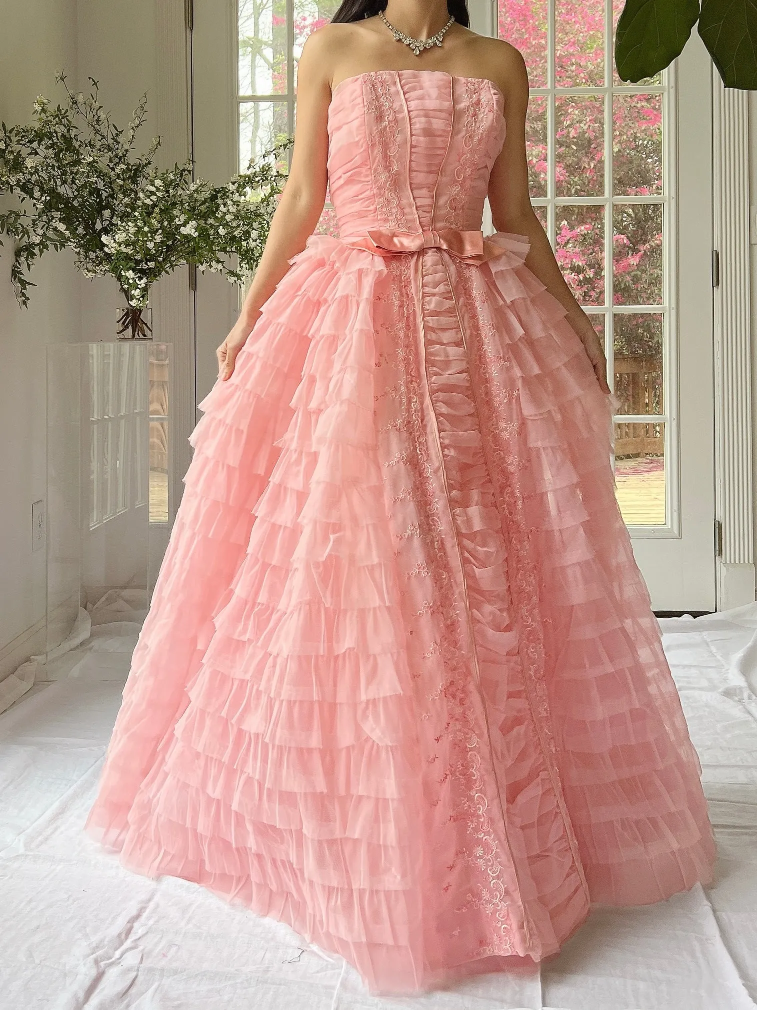 1950s Pink Ruffled Tiered Dress - XS