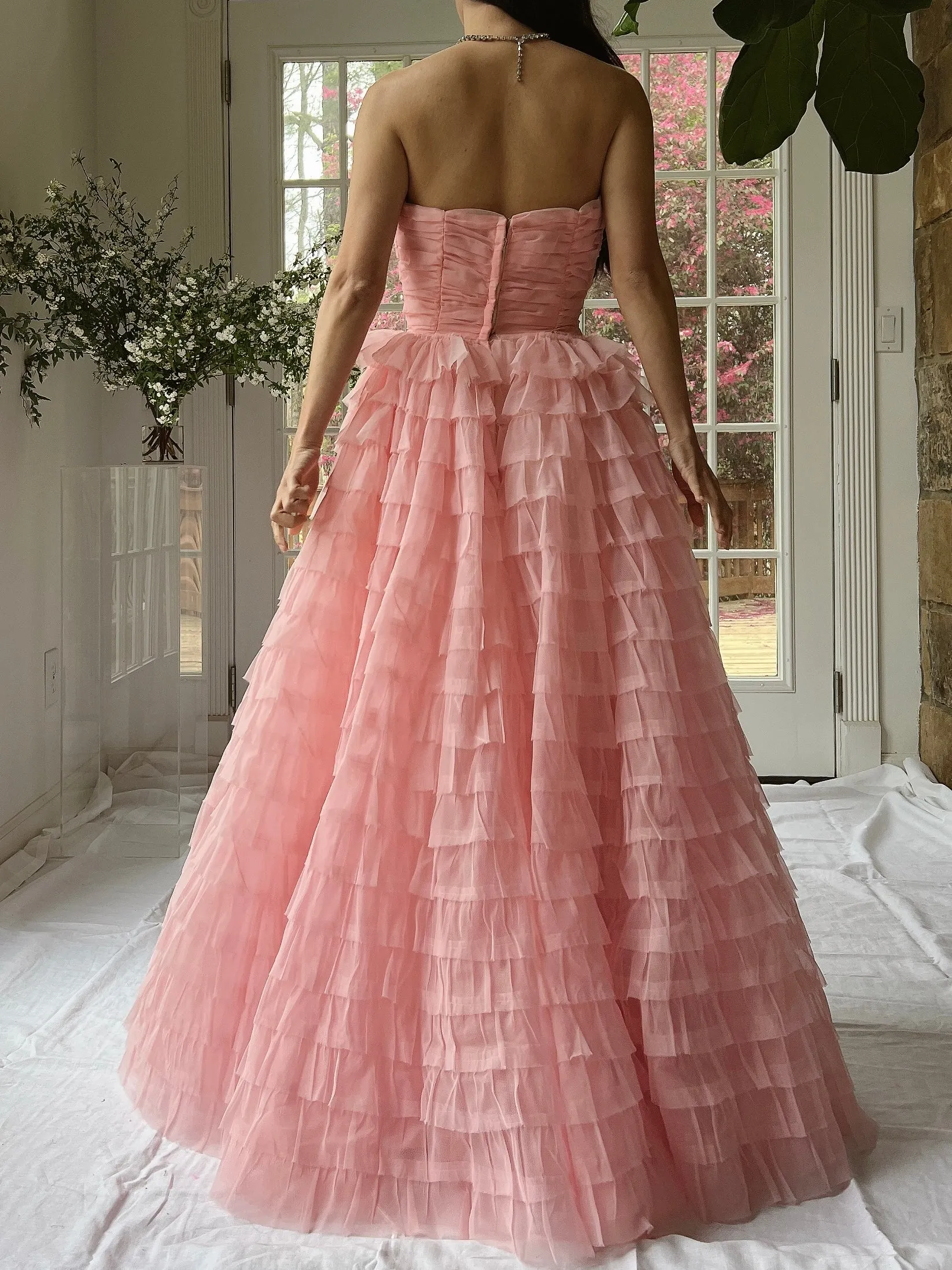1950s Pink Ruffled Tiered Dress - XS