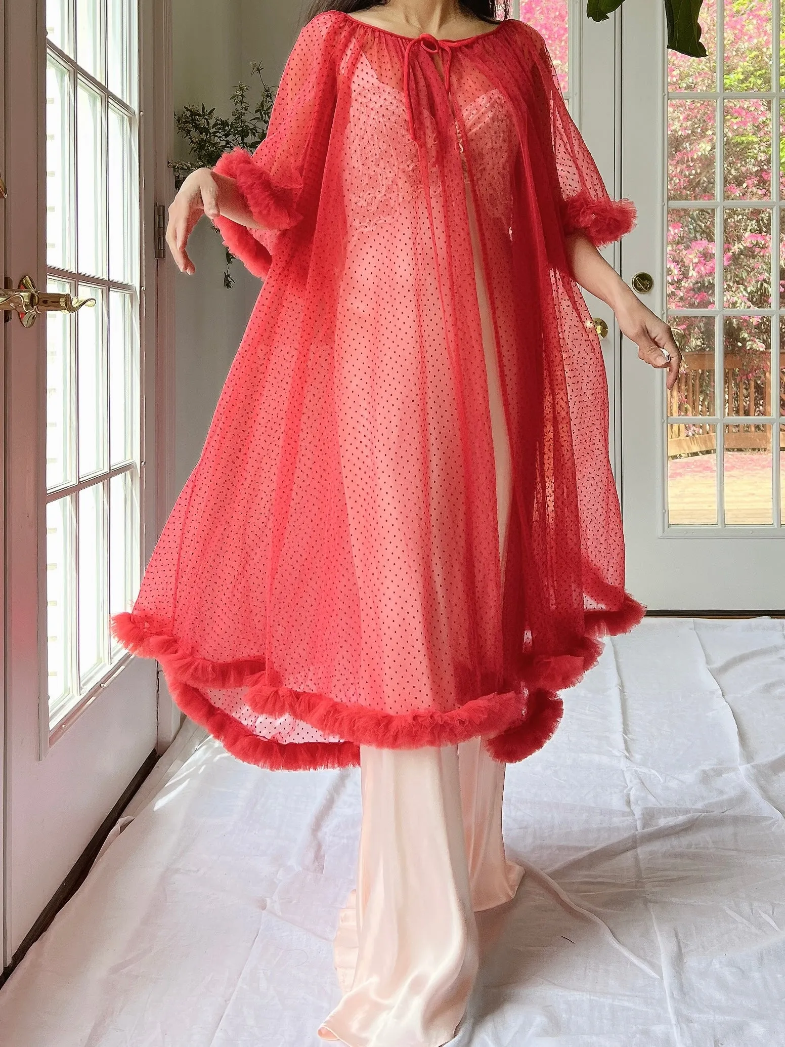 1960s Red Tricot Dressing Gown/Duster - One Size