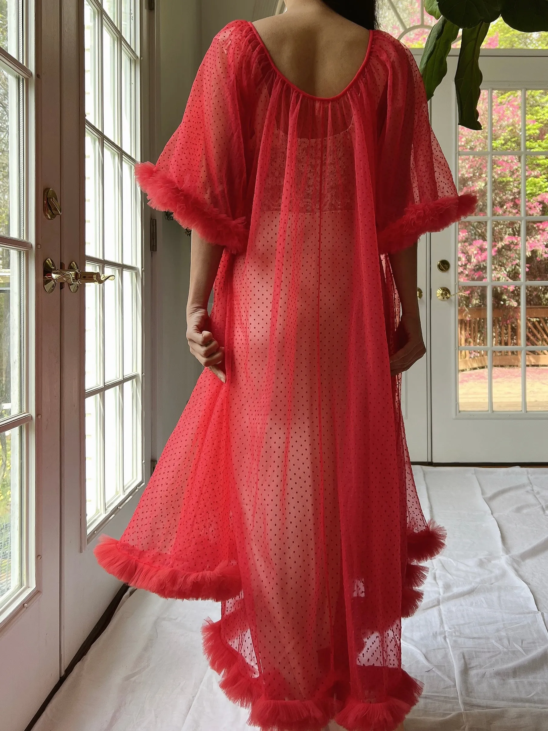 1960s Red Tricot Dressing Gown/Duster - One Size