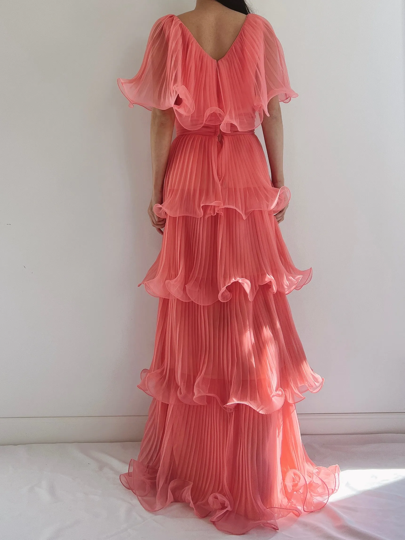 1970s Coral Pleated Chiffon Dress - S