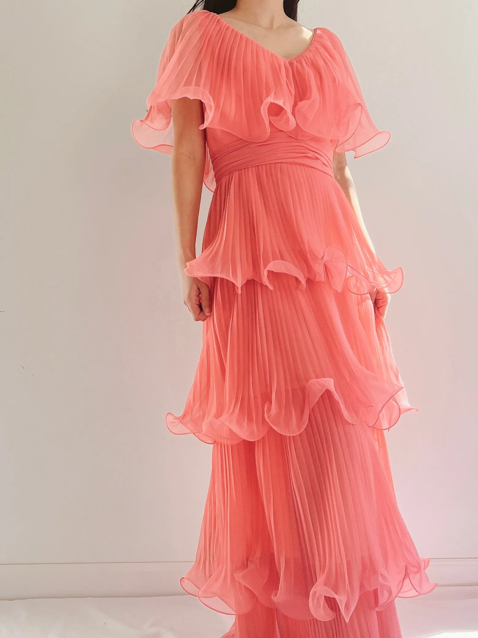 1970s Coral Pleated Chiffon Dress - S
