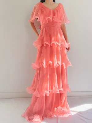 1970s Coral Pleated Chiffon Dress - S