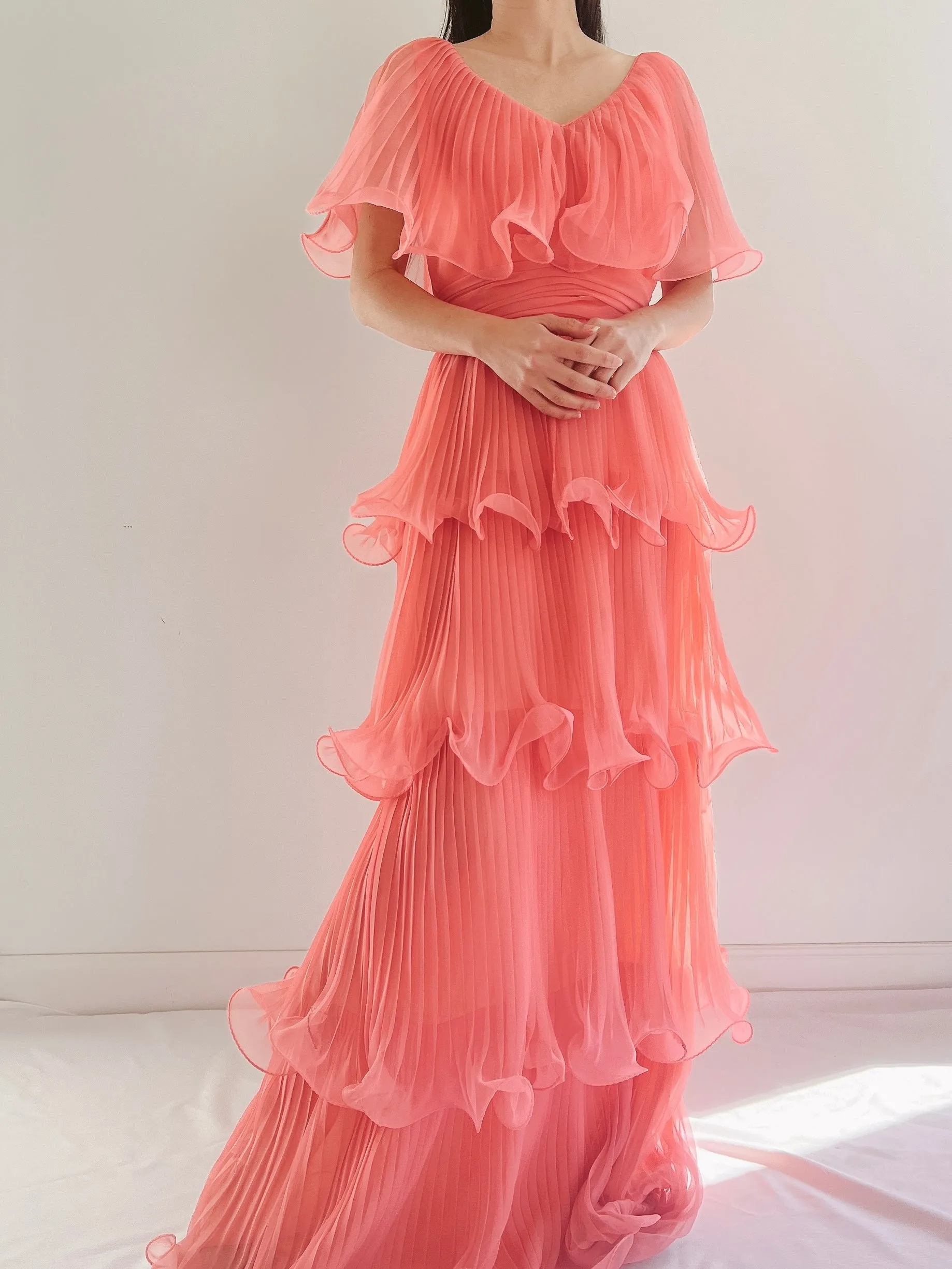 1970s Coral Pleated Chiffon Dress - S