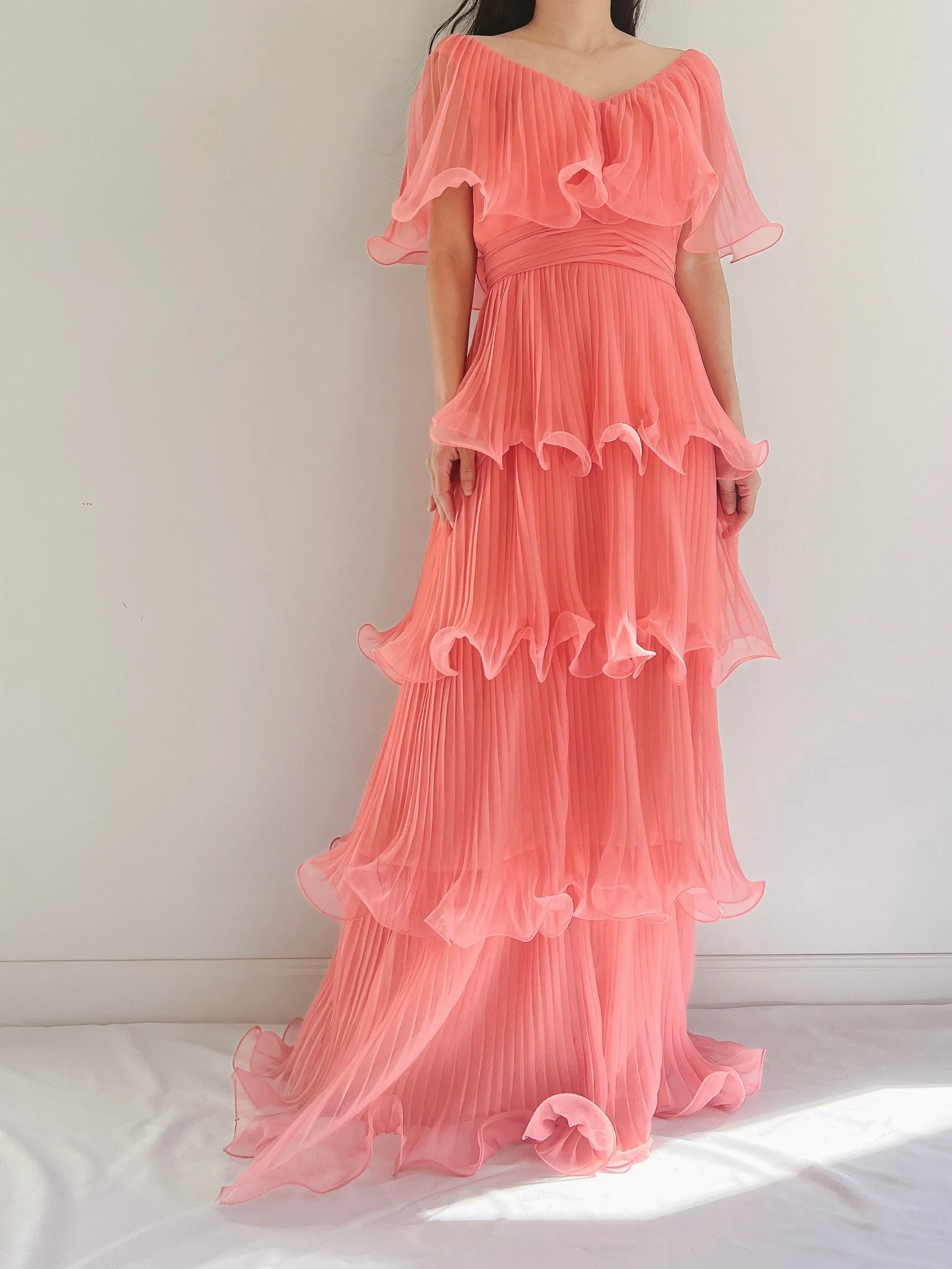 1970s Coral Pleated Chiffon Dress - S