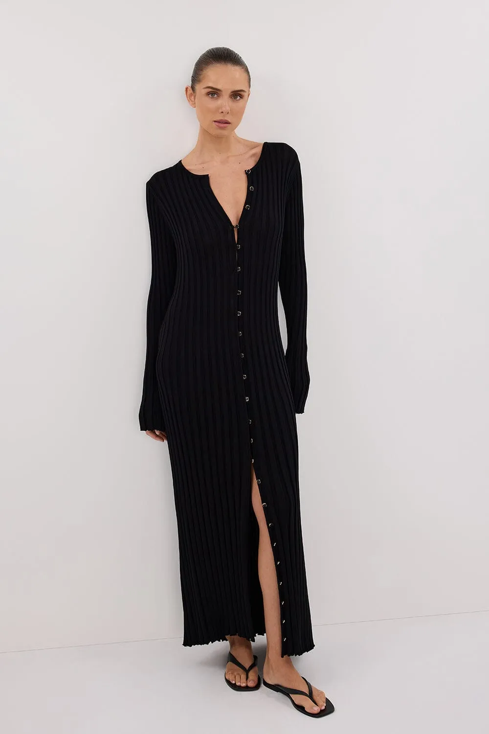 ALI BLACK LONG SLEEVE KNIT MIDI DRESS