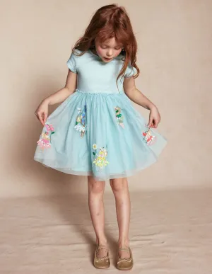 Ami Applique Tulle Dress-Spearmint Blue Flower Fairies