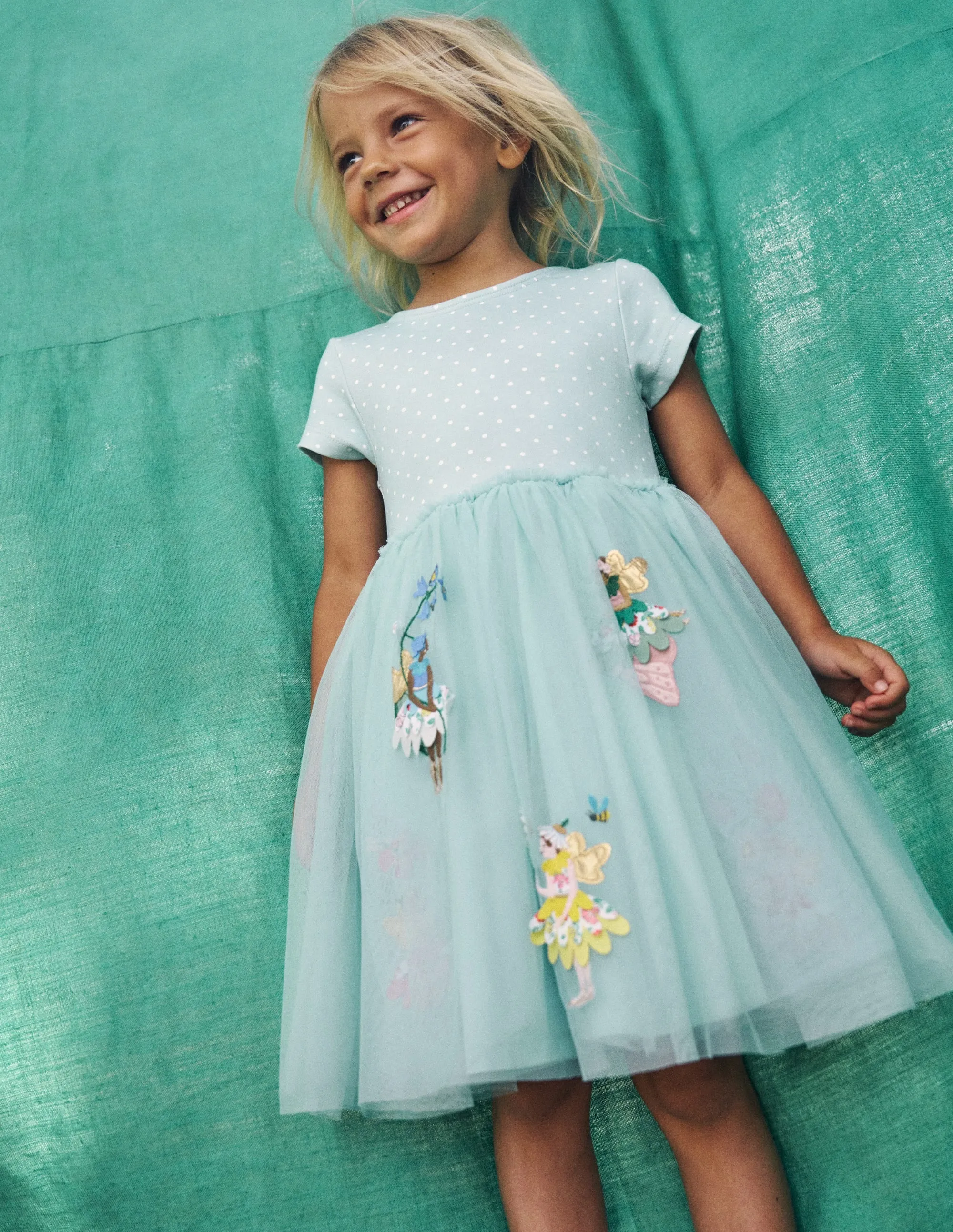 Ami Applique Tulle Dress-Spearmint Blue Flower Fairies