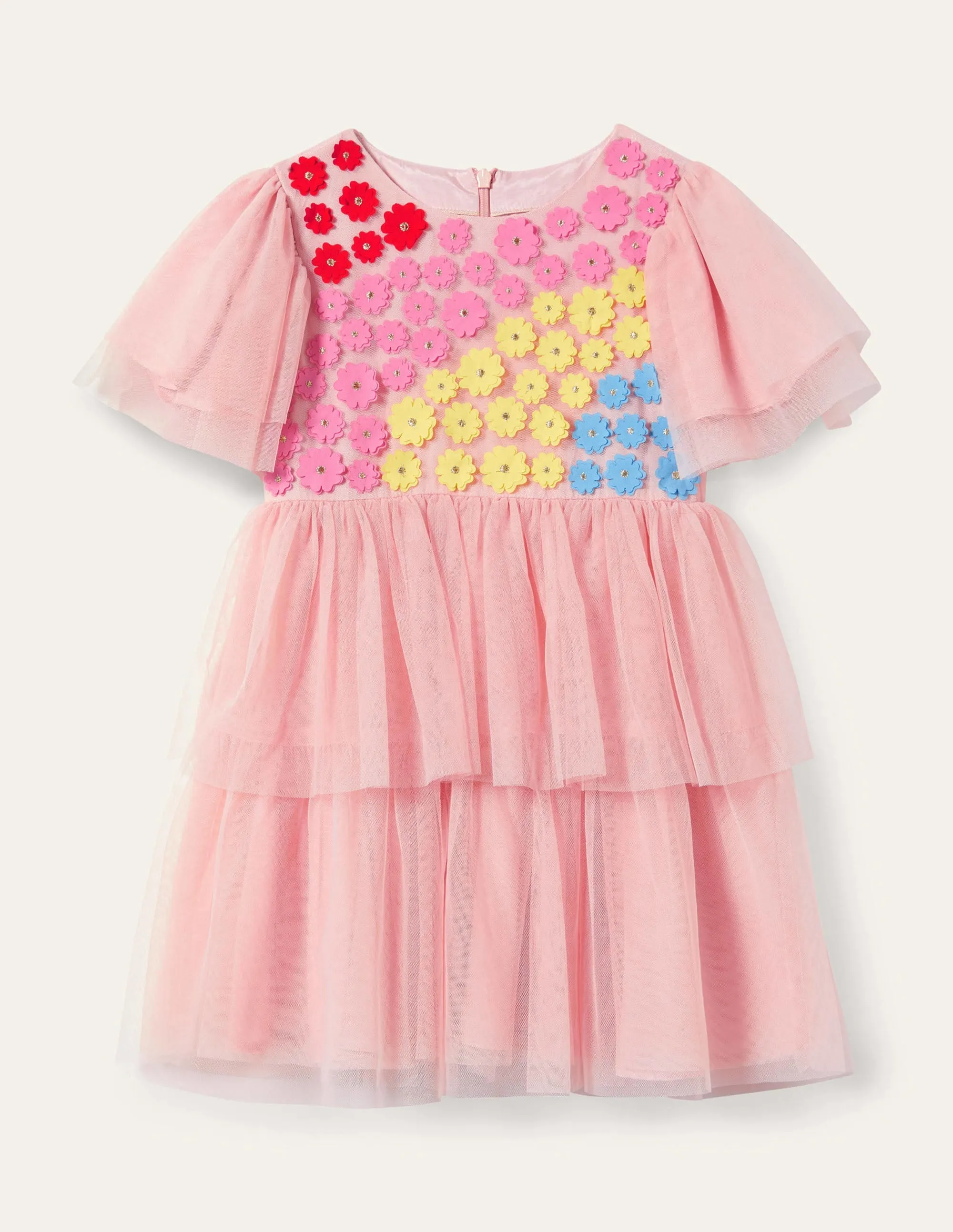 Appliqué Tiered Tulle Dress-Provence Dusty Pink Flowers