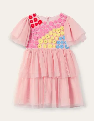 Appliqué Tiered Tulle Dress-Provence Dusty Pink Flowers