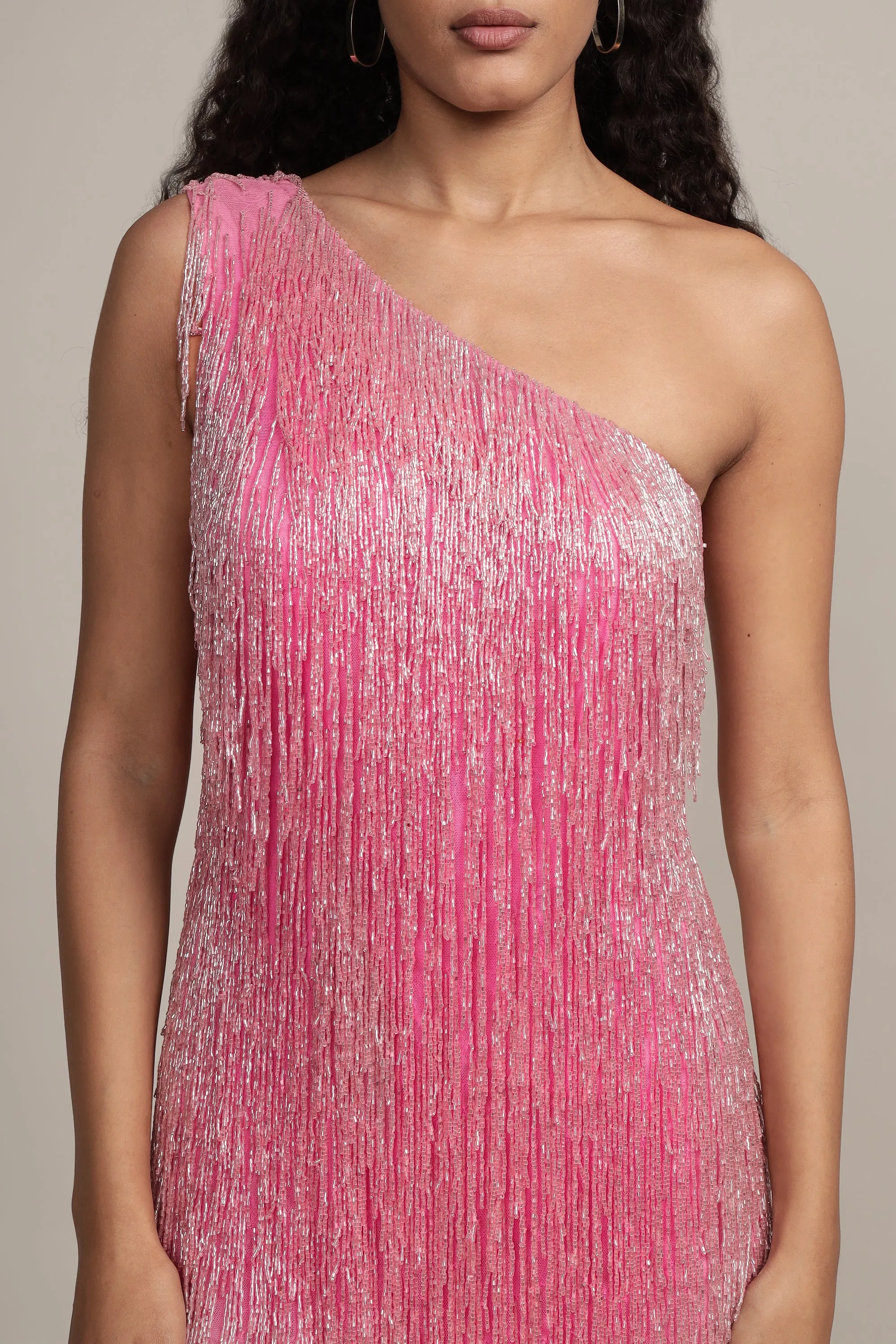 Athena Embellished Pink Fringe Mini Dress