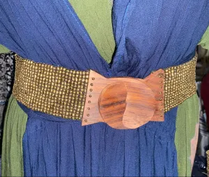 Balinese Handmade Adjustable Beaded Belt with Wooden Buckle (Gold)