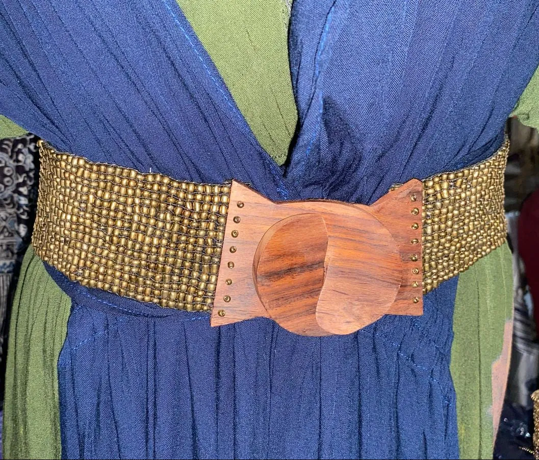 Balinese Handmade Adjustable Beaded Belt with Wooden Buckle (Gold)