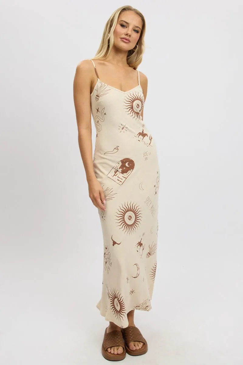 Beige Abstract Maxi Dress Bias Cut