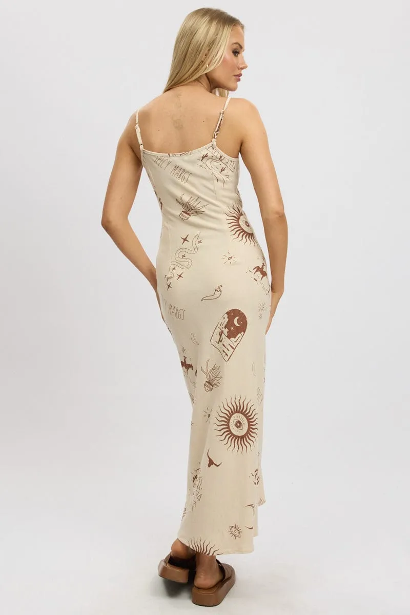 Beige Abstract Maxi Dress Bias Cut