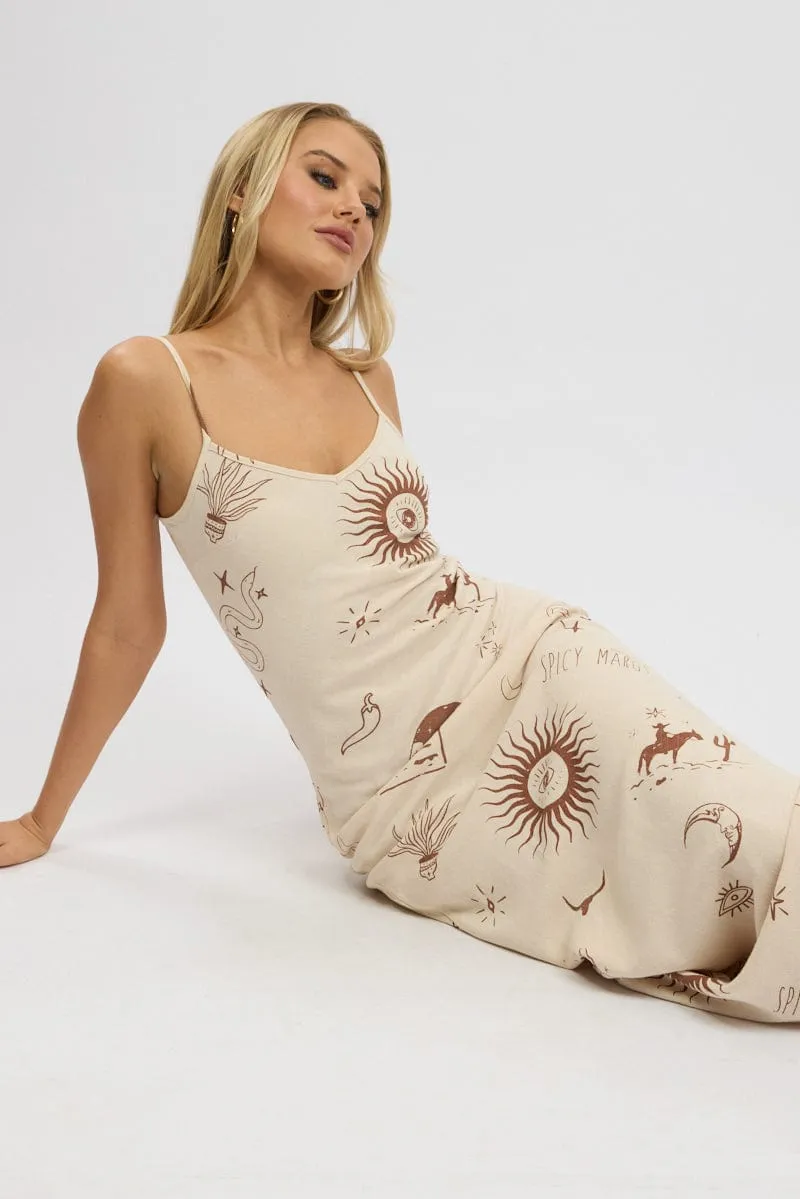 Beige Abstract Maxi Dress Bias Cut