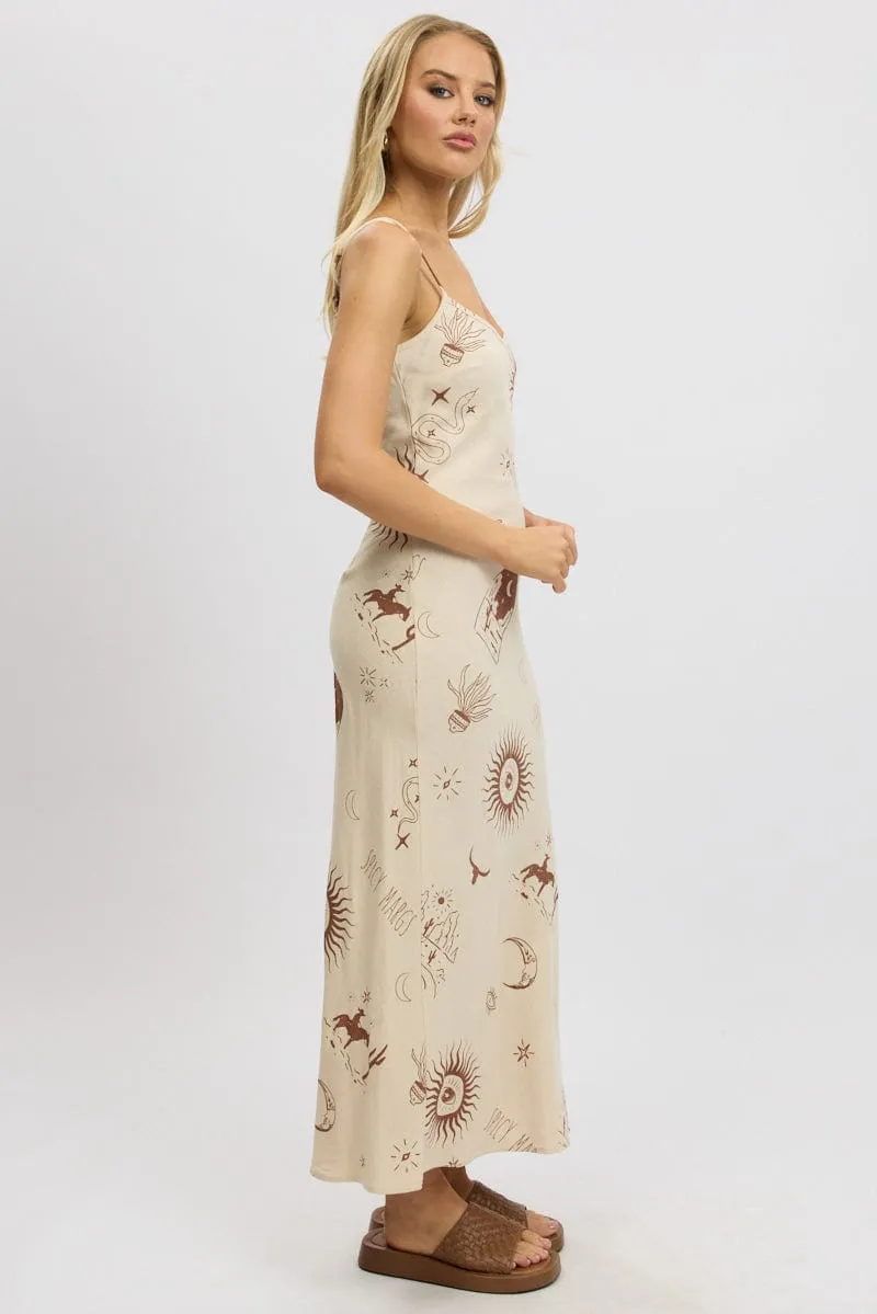 Beige Abstract Maxi Dress Bias Cut