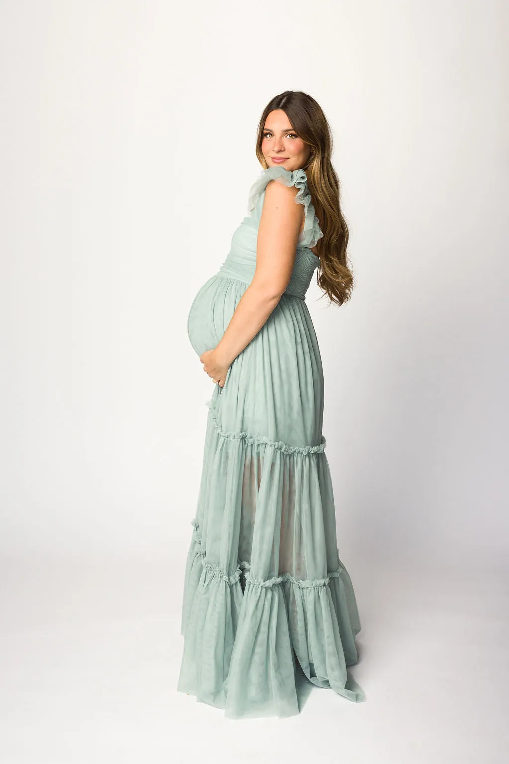 Bella Tiered Tulle Maxi Dress in Sage - Bump Friendly (Final Few)