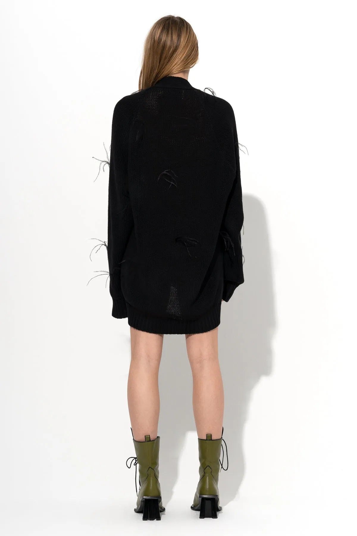 BLACK MERINO WOOL OVERSIZE CARDIGAN WITH FEATHERS