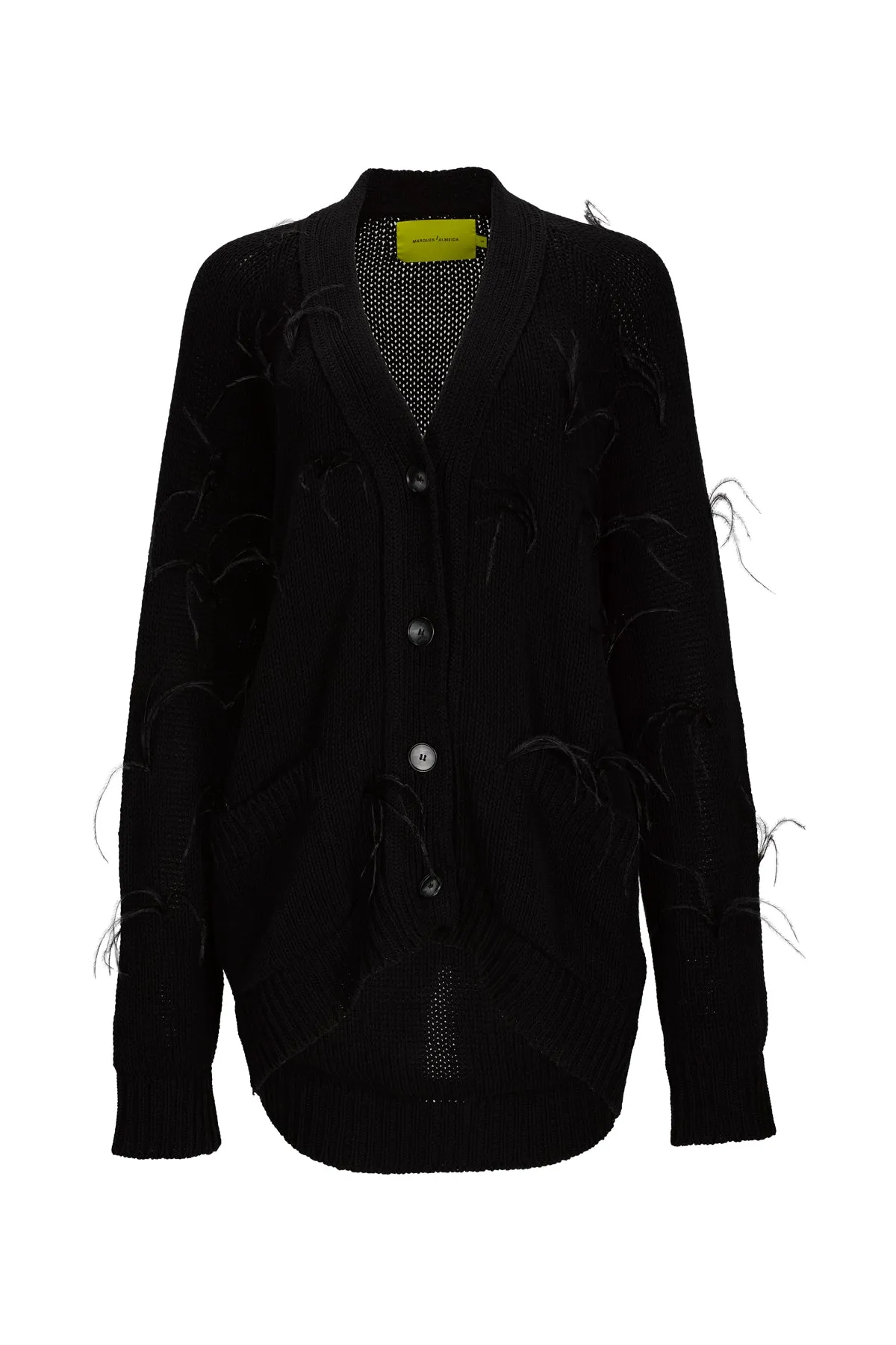 BLACK MERINO WOOL OVERSIZE CARDIGAN WITH FEATHERS