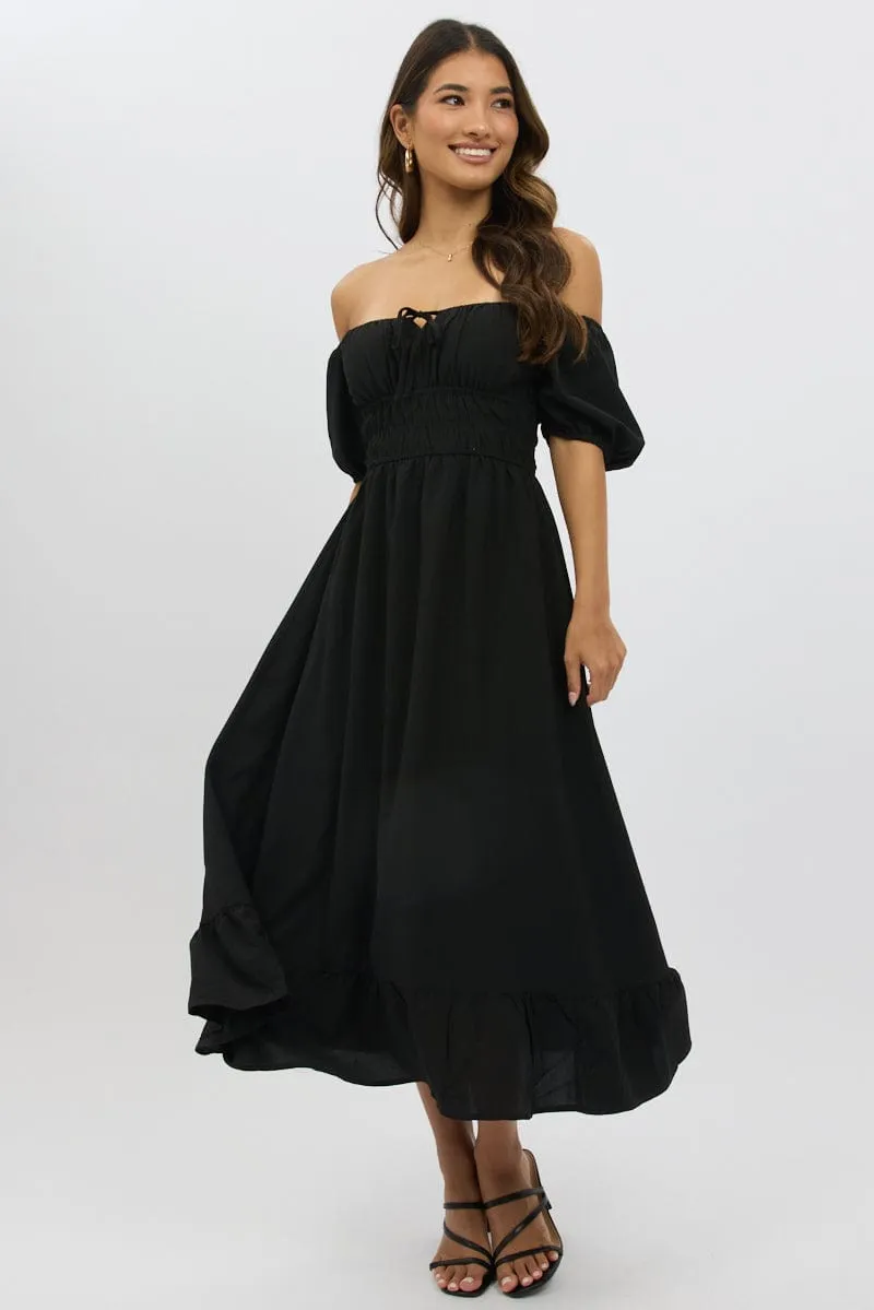 Black Midi Dress Short Sleeve Ruched Bust