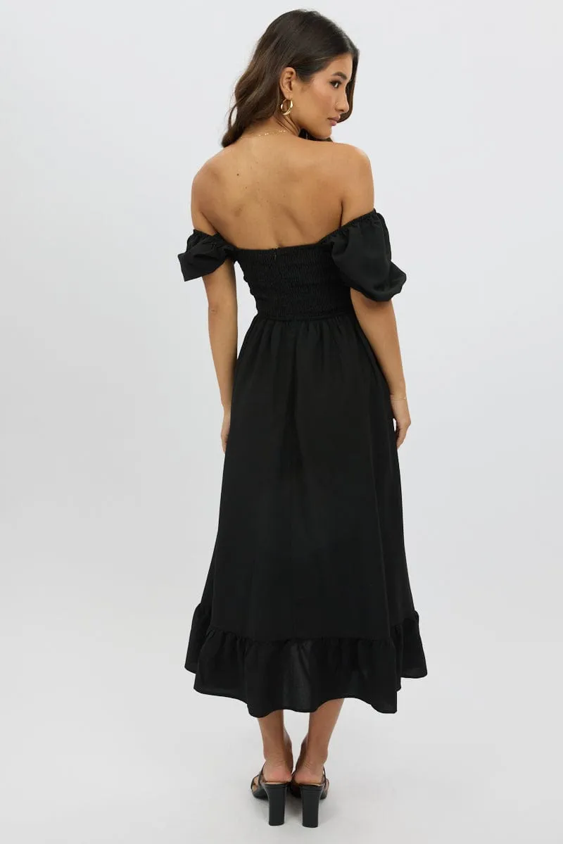 Black Midi Dress Short Sleeve Ruched Bust