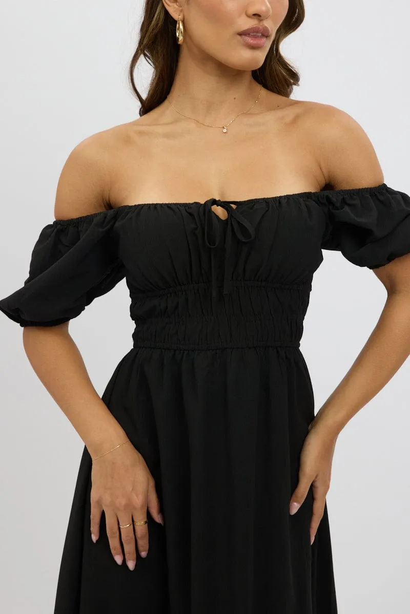 Black Midi Dress Short Sleeve Ruched Bust