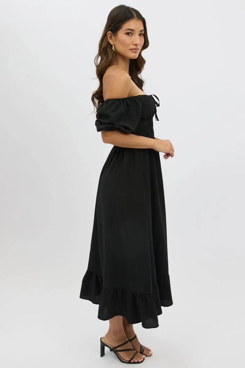 Black Midi Dress Short Sleeve Ruched Bust