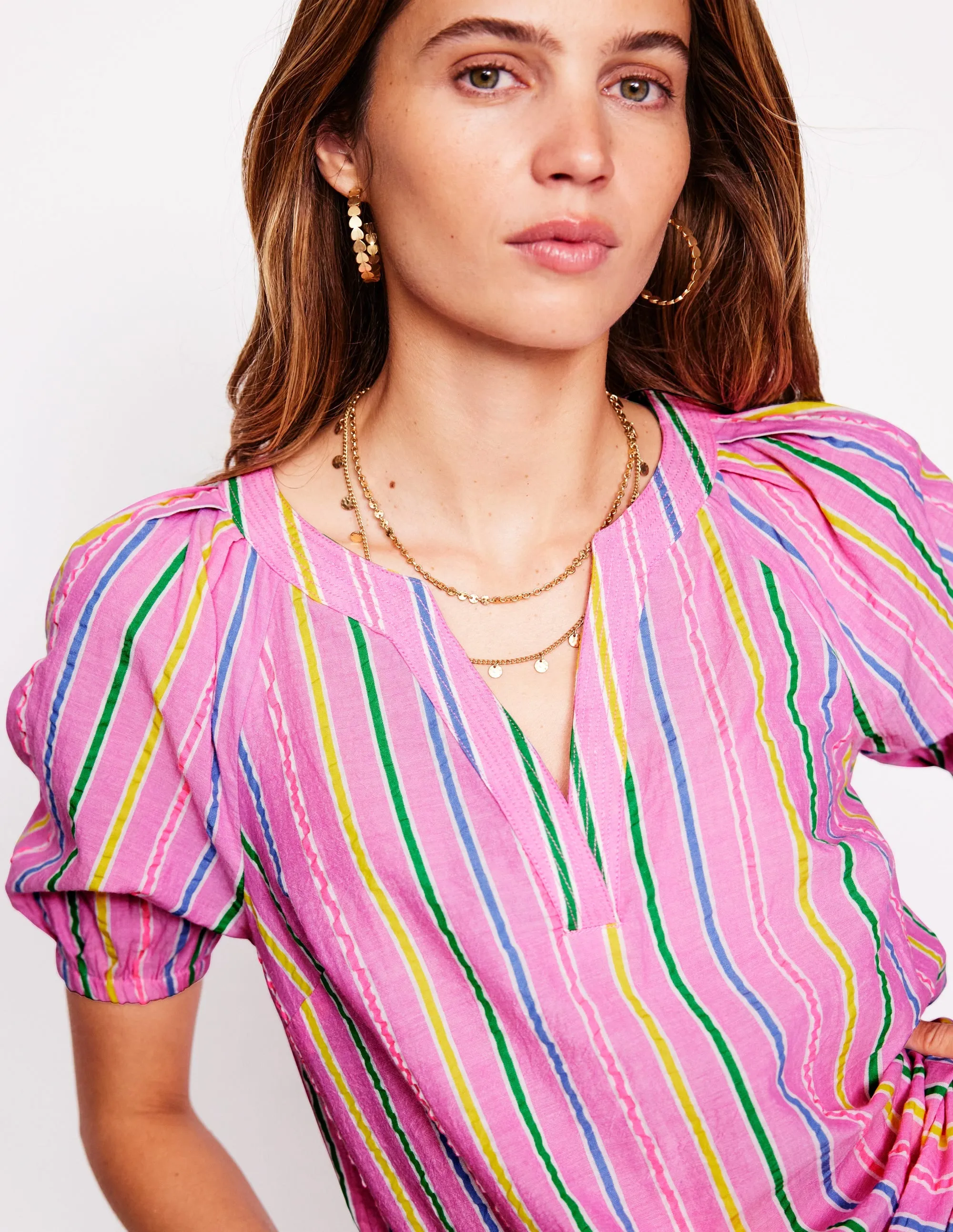 Brooke Cotton Top-Neon Pink Seersucker Stripe