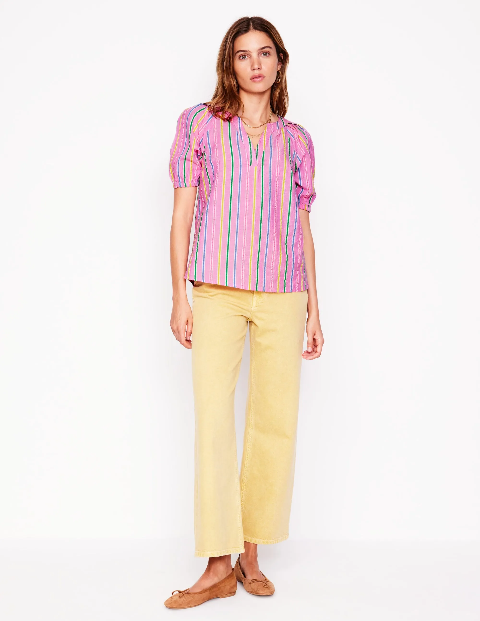 Brooke Cotton Top-Neon Pink Seersucker Stripe
