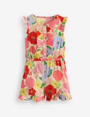 Button Through Ruffle Playsuit-Multi Summer Garden